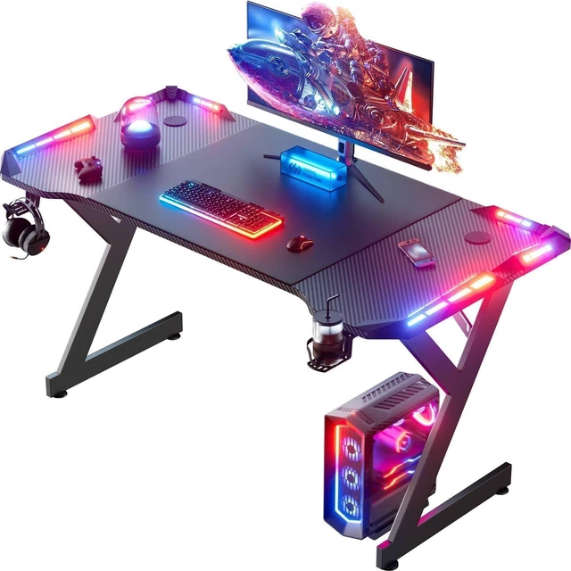 Main image of HLDIRECT 55 Inch Gaming Desk with Carbon Fiber Surface & LED Lights, Black