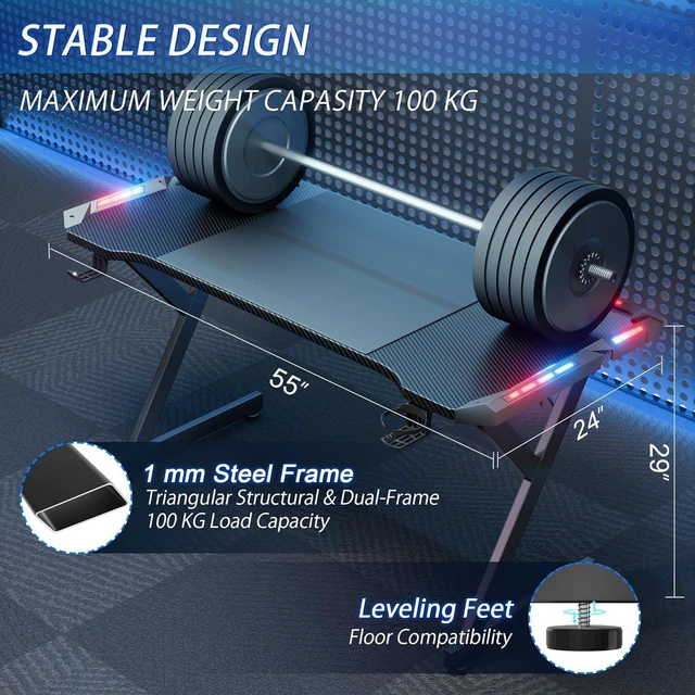 Alt view image 3 of 6 - HLDIRECT 55 Inch Gaming Desk with Carbon Fiber Surface & LED Lights, Black