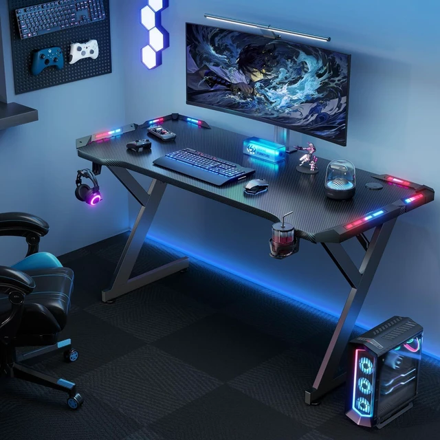 Alt view image 6 of 6 - HLDIRECT 55 Inch Gaming Desk with Carbon Fiber Surface & LED Lights, Black