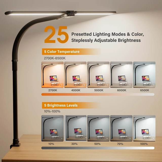 Alt view image 3 of 7 - SIBRILLE LED Desk Lamp for Home Office - Dimmable Computer Desk Light with Clamp, Modern Architect Task Lamp with Color Changing, Flexible Desktop Lamp with Gooseneck for Monitor, Double Head, Black