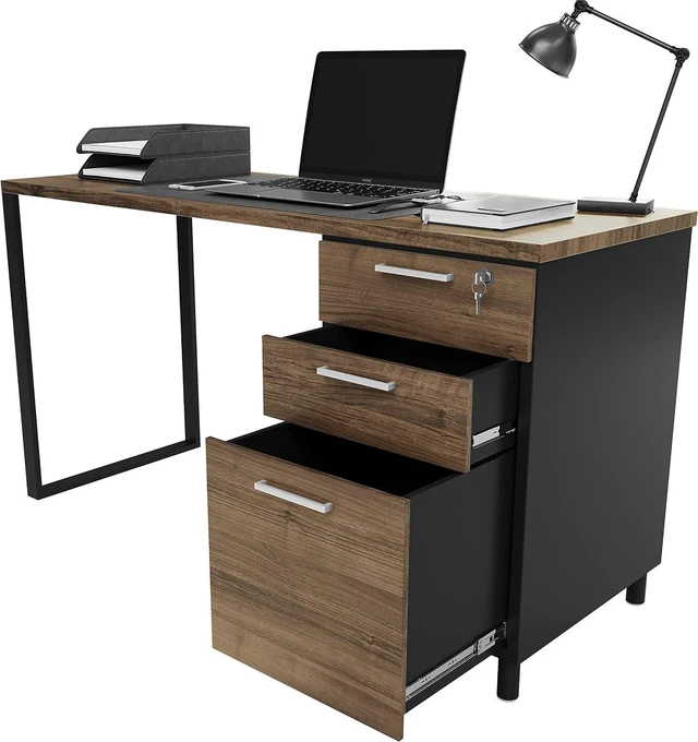 Main image of Modern Design Milano Office Computer Desk with 3 Locking Drawers, 48 Inch Walnut and Black Industrial Wood Desk with Filing Drawer and Storage By Crafts and Comfort