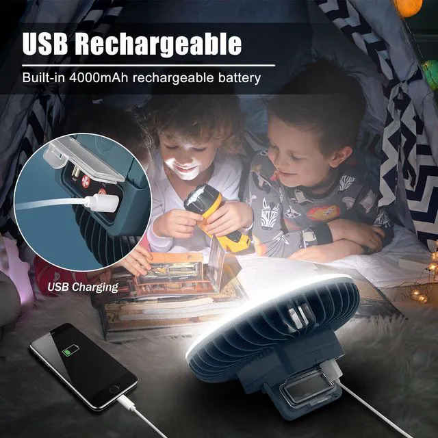 Alt view image 4 of 6 - Portable Camping Fan with LED Lantern XTAUTO USB Rechargeable Waterproof Tent Fan with Hanging Hook Magnet Survival Kits for Indoor Outdoor Hiking Car Office Desk Outdoor Emergency Power Outage 2-pack