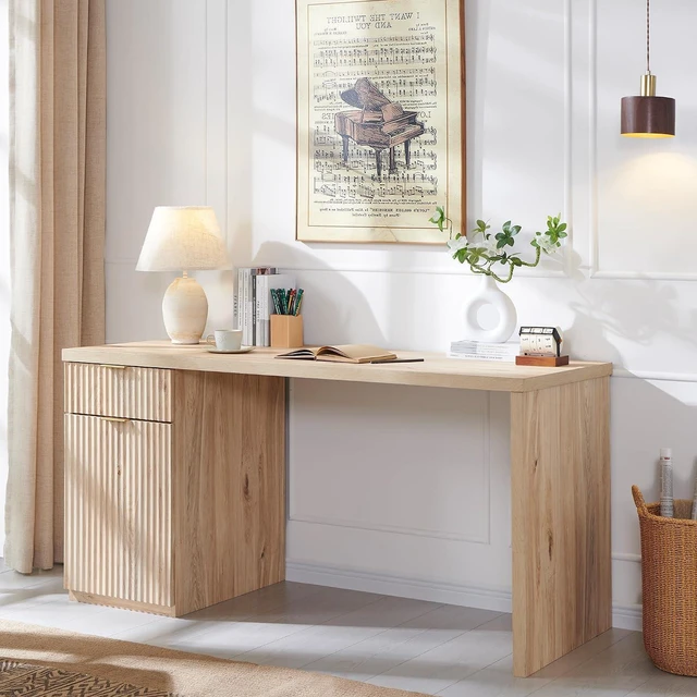 Alt view image 4 of 6 - 60" Fluted Office Home Desk, Reversible LeftRight Cabinet, Builtin Outlet
