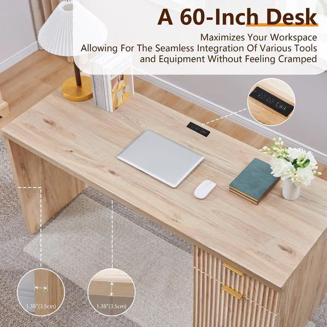 Alt view image 5 of 6 - 60" Fluted Office Home Desk, Reversible LeftRight Cabinet, Builtin Outlet