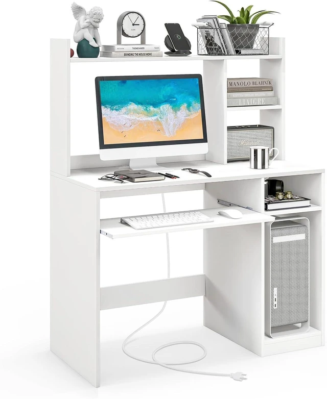 Main image of GIANTEX Computer Desk with Hutch, 43.5 Inch Home Office Desk with Keyboard Tray & Charging Station, Laptop PC Table for Workstation, Modern Study Writing Desk for Small Space, Bedroom, White
