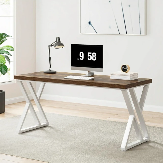 Alt view image 3 of 7 - Tribesigns Modern Walnut/White 55" Heavy Duty Computer Desk, Study & Work Desk, 23.6"D x 55.1"W x 29.5"H, Z-Shaped Metal Legs, 330 lbs Capacity