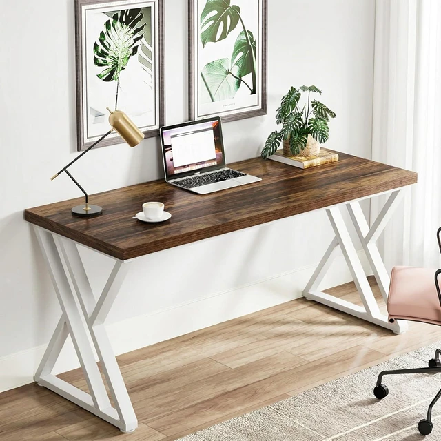 Alt view image 4 of 7 - Tribesigns Modern Walnut/White 55" Heavy Duty Computer Desk, Study & Work Desk, 23.6"D x 55.1"W x 29.5"H, Z-Shaped Metal Legs, 330 lbs Capacity