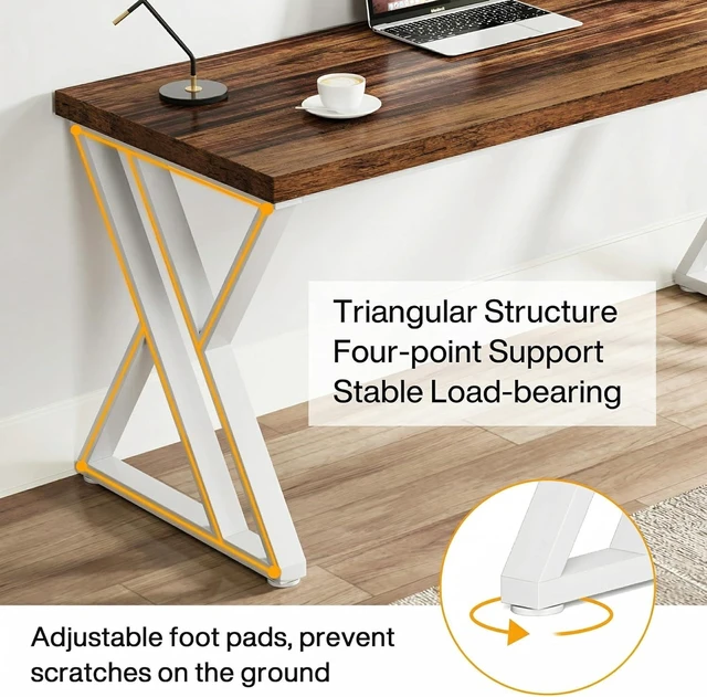 Alt view image 7 of 7 - Tribesigns Modern Walnut/White 55" Heavy Duty Computer Desk, Study & Work Desk, 23.6"D x 55.1"W x 29.5"H, Z-Shaped Metal Legs, 330 lbs Capacity