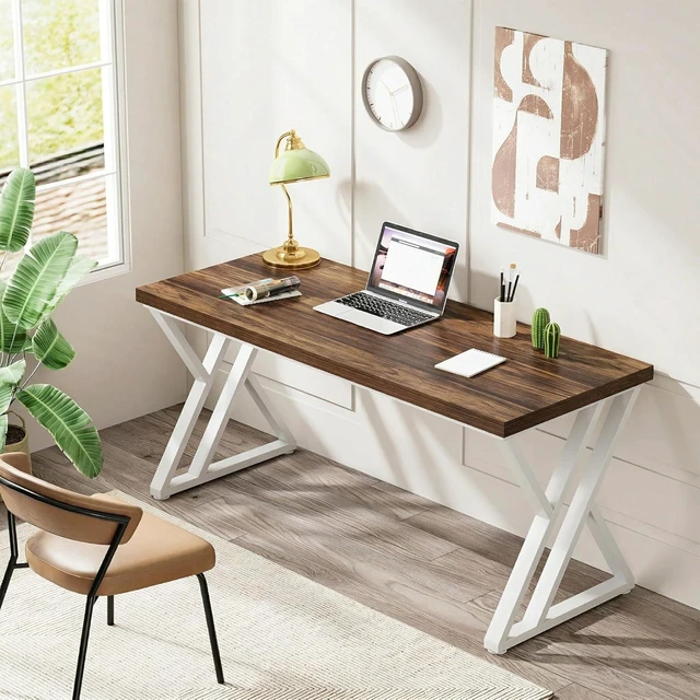 Alt view image 5 of 7 - Tribesigns Modern Walnut/White 55" Heavy Duty Computer Desk, Study & Work Desk, 23.6"D x 55.1"W x 29.5"H, Z-Shaped Metal Legs, 330 lbs Capacity