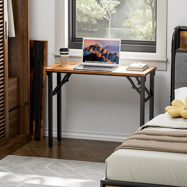 Alt view image 2 of 7 - TEMI Small Computer Desk Folding Table - 35.8" Foldable Office Desk, No Assembly, Perfect for Small Spaces in Bedroom, Dorm, or Apartment, Study Table with Compact Design, Brown