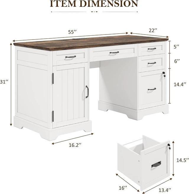 Alt view image 2 of 7 - Alohappy 55'' Farmhouse Executive Desk with File Cabinet, Home Office Wood Computer Desk with Drawers and Power Outlets, White