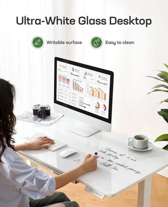 Alt view image 4 of 7 - Marsail Glass Standing Desk with Drawer, 55 x 28 Inches Adjustable Desk, Home Office Desks with One-Piece Tempered Glass Top, Ergonomic Home Office Sit Stand Desk with 4 Preset Heights, White