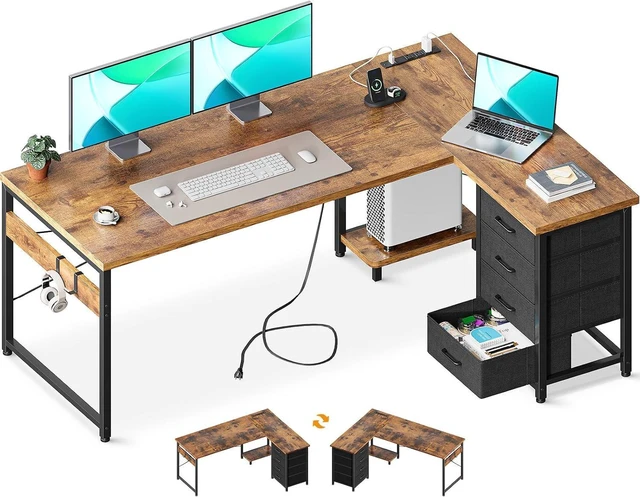 Main image of AODK 61" L Shaped Gaming Desk with 4 Drawers and Power Outlets, Vintage