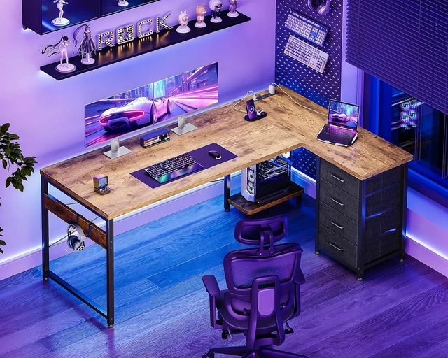 Alt view image 2 of 7 - AODK 61" L Shaped Gaming Desk with 4 Drawers and Power Outlets, Vintage