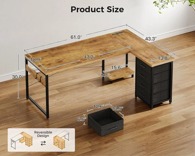 Alt view image 3 of 7 - AODK 61" L Shaped Gaming Desk with 4 Drawers and Power Outlets, Vintage