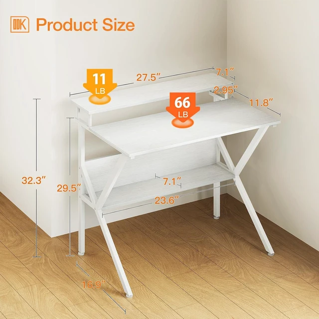 Alt view image 3 of 7 - ODK 27.5 Inch Small Desk with Storage & Monitor Stand, Pure White