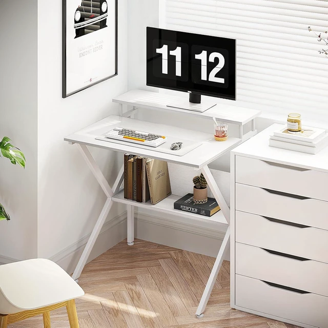 Alt view image 6 of 7 - ODK 27.5 Inch Small Desk with Storage & Monitor Stand, Pure White