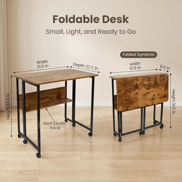 Alt view image 2 of 7 - Mobile Foldable Desk w/Wheels and Feet Pads, Foldable Computer Desk, Folding Desk, Small Computer Desk for Small Spaces, Folding Table for Office Bedroom Living Room-Rustic Brown