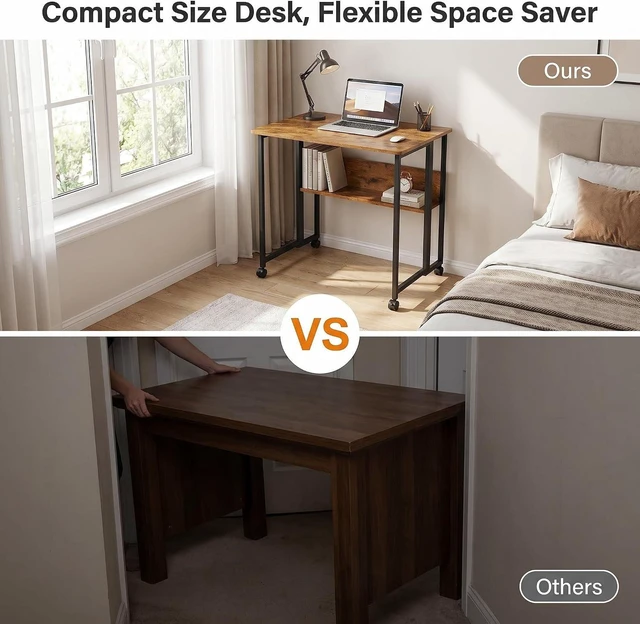 Alt view image 5 of 7 - Mobile Foldable Desk w/Wheels and Feet Pads, Foldable Computer Desk, Folding Desk, Small Computer Desk for Small Spaces, Folding Table for Office Bedroom Living Room-Rustic Brown