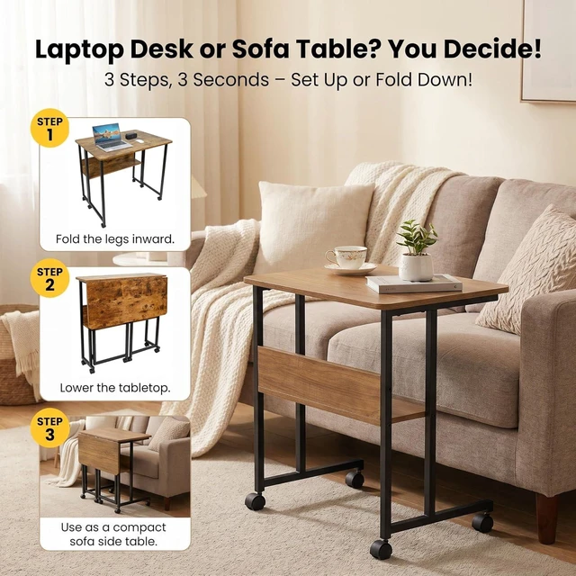 Alt view image 4 of 7 - Mobile Foldable Desk w/Wheels and Feet Pads, Foldable Computer Desk, Folding Desk, Small Computer Desk for Small Spaces, Folding Table for Office Bedroom Living Room-Rustic Brown
