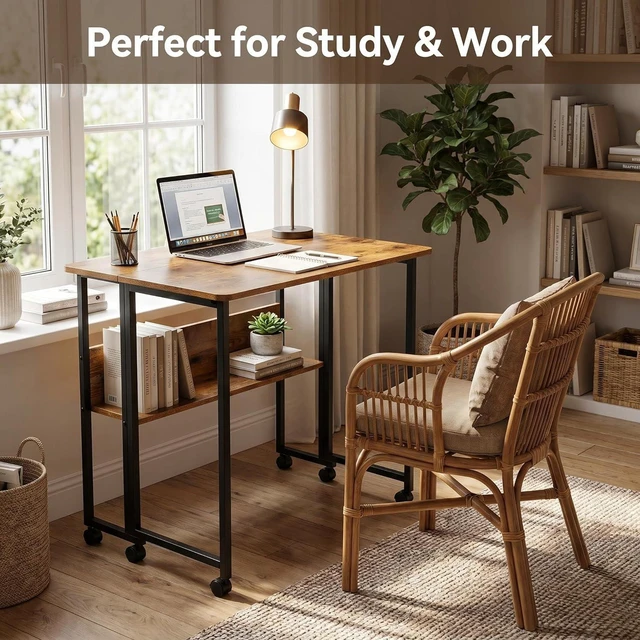 Alt view image 6 of 7 - Mobile Foldable Desk w/Wheels and Feet Pads, Foldable Computer Desk, Folding Desk, Small Computer Desk for Small Spaces, Folding Table for Office Bedroom Living Room-Rustic Brown