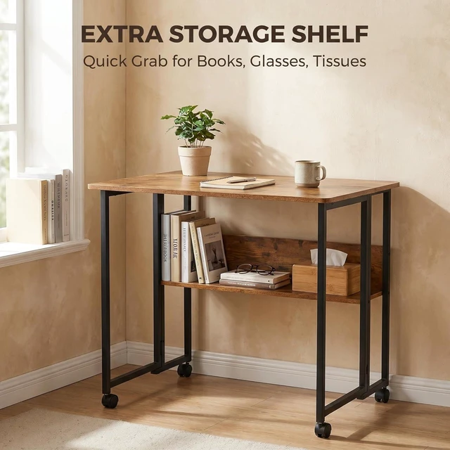 Alt view image 7 of 7 - Mobile Foldable Desk w/Wheels and Feet Pads, Foldable Computer Desk, Folding Desk, Small Computer Desk for Small Spaces, Folding Table for Office Bedroom Living Room-Rustic Brown