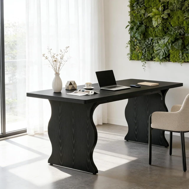 Alt view image 5 of 7 - Tribesigns 63" Large Desk for Home Office, Spacious Executive Computer Desk with Ample Leg Room, Double PC Gaming Writing Table Study Desk with Sturdy Legs, Black