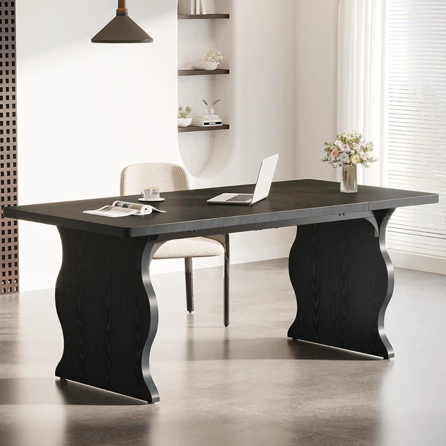 Alt view image 4 of 7 - Tribesigns 63" Large Desk for Home Office, Spacious Executive Computer Desk with Ample Leg Room, Double PC Gaming Writing Table Study Desk with Sturdy Legs, Black