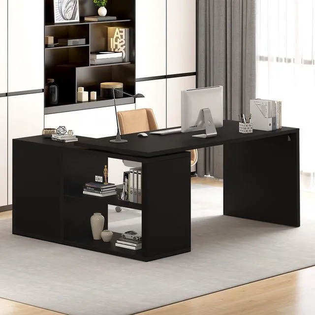 Main image of HSH Black L Shaped Computer Desk, Wood Corner Desk with Storage, 55 Inch