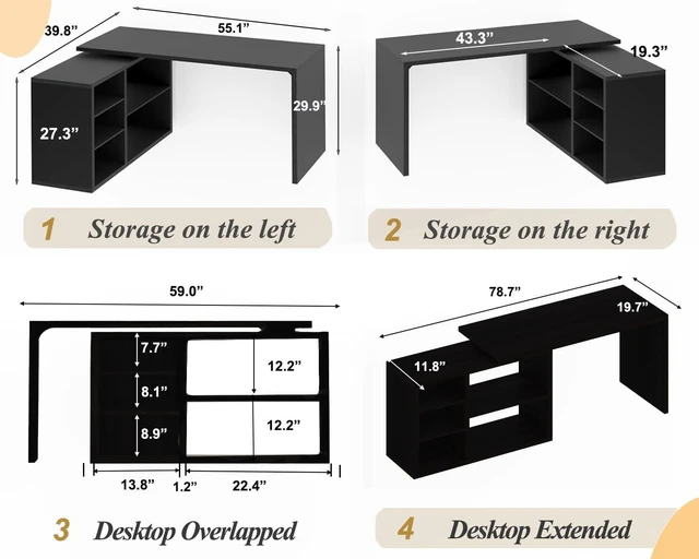 Alt view image 2 of 7 - HSH Black L Shaped Computer Desk, Wood Corner Desk with Storage, 55 Inch