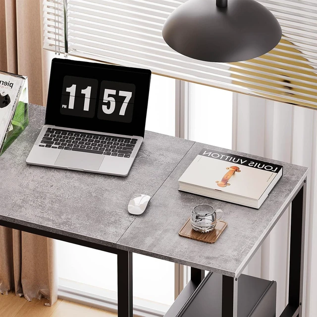 Alt view image 7 of 7 - SINPAID Computer Desk 40 inches with 2-Tier Shelves Sturdy Grey Desks with Large Storage Space Modern Gaming Desk Study Writing Laptop Table, Gray