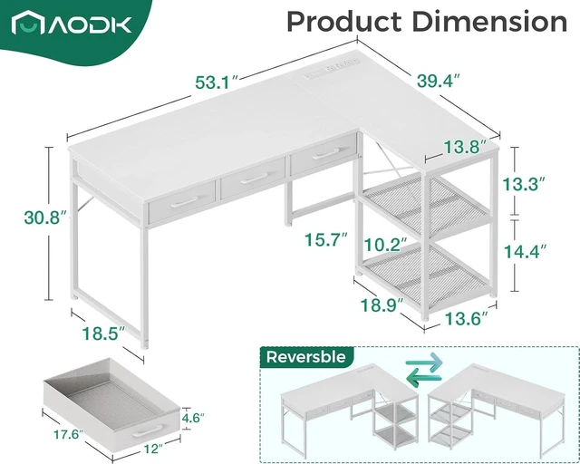 Alt view image 2 of 7 - AODK 53 Inch L Shaped Computer Desk with Drawers, Corner Desk with Power Outlets & Reversible Storage Shelves, for Home Office Gaming, White