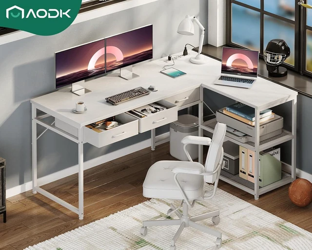 Alt view image 3 of 7 - AODK 53 Inch L Shaped Computer Desk with Drawers, Corner Desk with Power Outlets & Reversible Storage Shelves, for Home Office Gaming, White