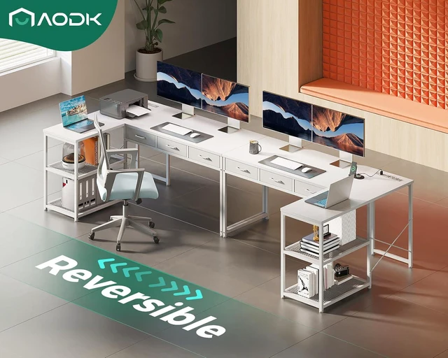 Alt view image 7 of 7 - AODK 53 Inch L Shaped Computer Desk with Drawers, Corner Desk with Power Outlets & Reversible Storage Shelves, for Home Office Gaming, White