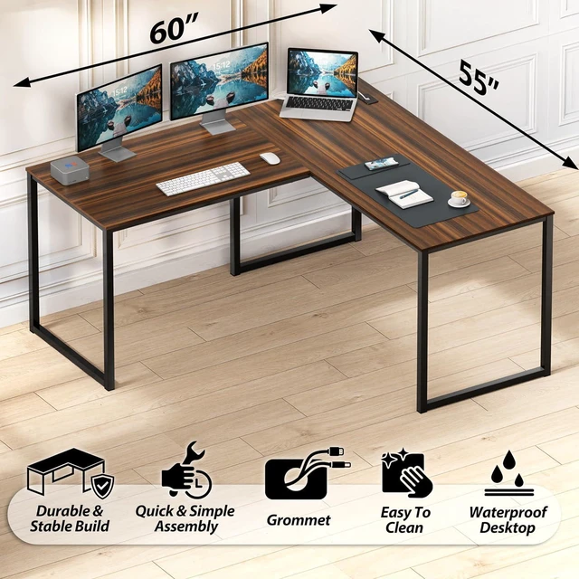 Alt view image 4 of 7 - SHW Mission 55 x 60 L-Shape Home Office Computer Desk, Walnut