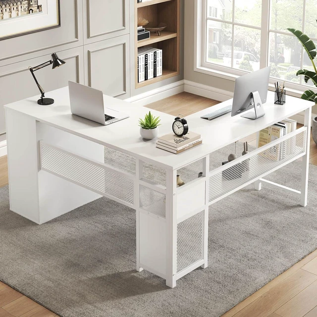 Main image of LVB Reversible L Shaped Desk with Drawers, White Computer Desk with Storage