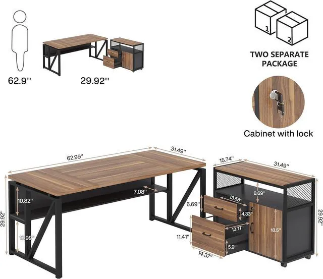 Alt view image 2 of 7 - Tribesigns 63" Executive Desk with Reversible File Cabinet, Large L-Shaped Office Desk with Drawers, Business Furniture Workstation for Home Office