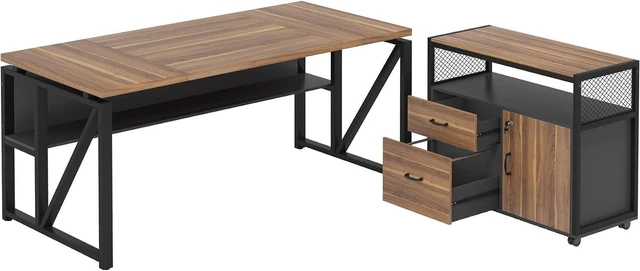 Alt view image 7 of 7 - Tribesigns 63" Executive Desk with Reversible File Cabinet, Large L-Shaped Office Desk with Drawers, Business Furniture Workstation for Home Office