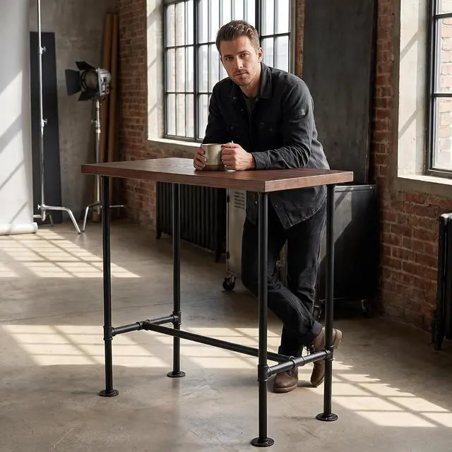 Alt view image 6 of 7 - DIY Industrial Design Pipe Dining Table Casual Pub BAR Laptop Table Modern Studio Wood and Metal Rectangular Dining Table homeoffice Desk Breakfast high bar Table Brown Desktop 47.3" × 23.6"