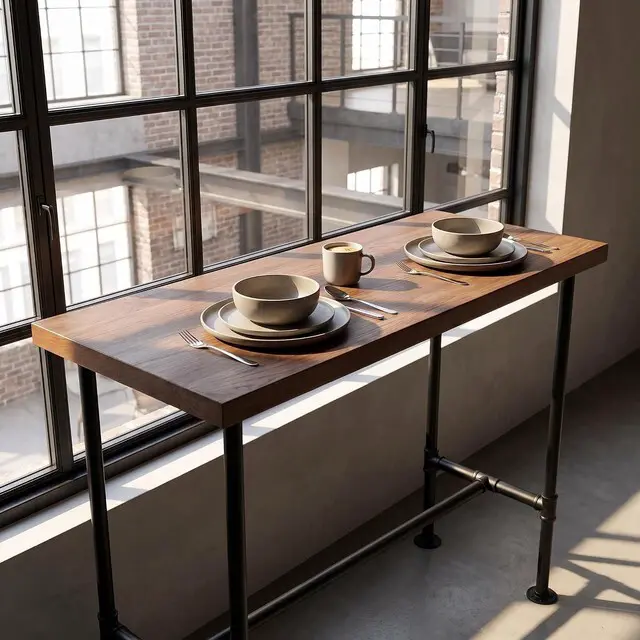 Alt view image 7 of 7 - DIY Industrial Design Pipe Dining Table Casual Pub BAR Laptop Table Modern Studio Wood and Metal Rectangular Dining Table homeoffice Desk Breakfast high bar Table Brown Desktop 47.3" × 23.6"