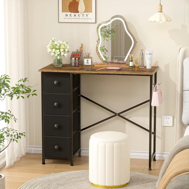 Alt view image 5 of 7 - Small Computer Desk with 4 Fabric Drawers, 36 Inch Reversible Writing Desk for Home Office Bedroom, Modern Simple Kids Student Study Desk with Storage, Compact Desk for Small Spaces, Rustic Brown