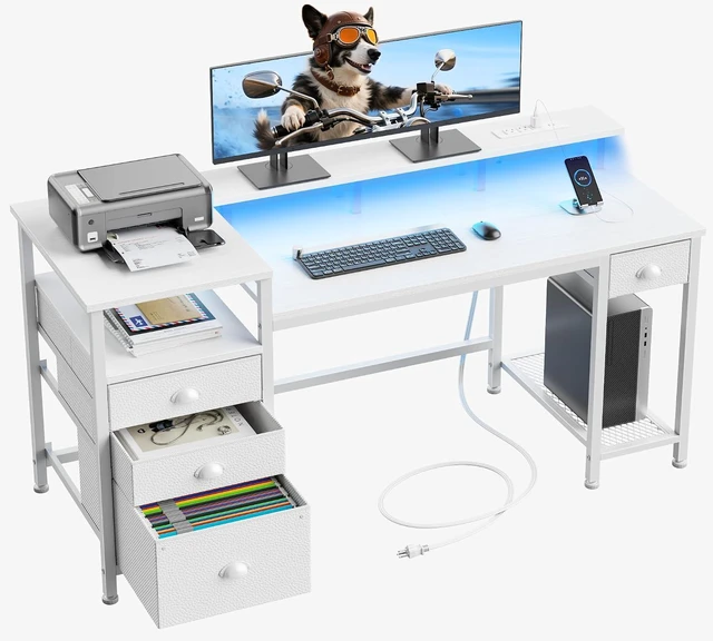 Main image of Furologee 60" White Computer Desk with 4 Drawers, Power Outlet, LED Lights
