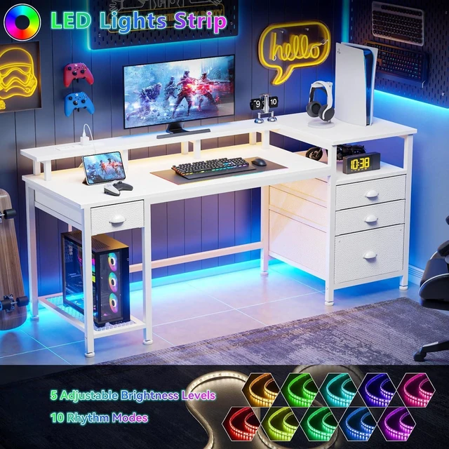 Alt view image 6 of 7 - Furologee 60" White Computer Desk with 4 Drawers, Power Outlet, LED Lights