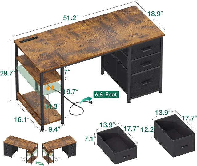 Alt view image 3 of 7 - AODK 51 Inch Computer Desk with Drawers & USB Power Outlets