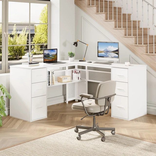 Alt view image 3 of 7 - HSH L Shaped Desk with Drawers, White Corner Desk with Storage, 59 Inch