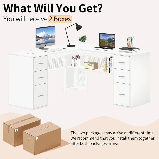 Alt view image 6 of 7 - HSH L Shaped Desk with Drawers, White Corner Desk with Storage, 59 Inch