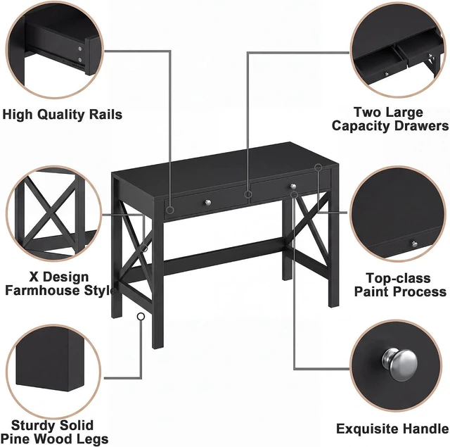 Alt view image 5 of 7 - ChooChoo 39.4 Inches Farmhouse Computer Desk with 2 Drawers