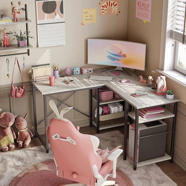 Alt view image 2 of 7 - Bestier L Shaped Desk with Shelves 75 Inch Reversible Corner Computer Desk or 2 Person Long Table, Writing Study Desk for Home Office Small Space Bedroom Apartment, Wash White