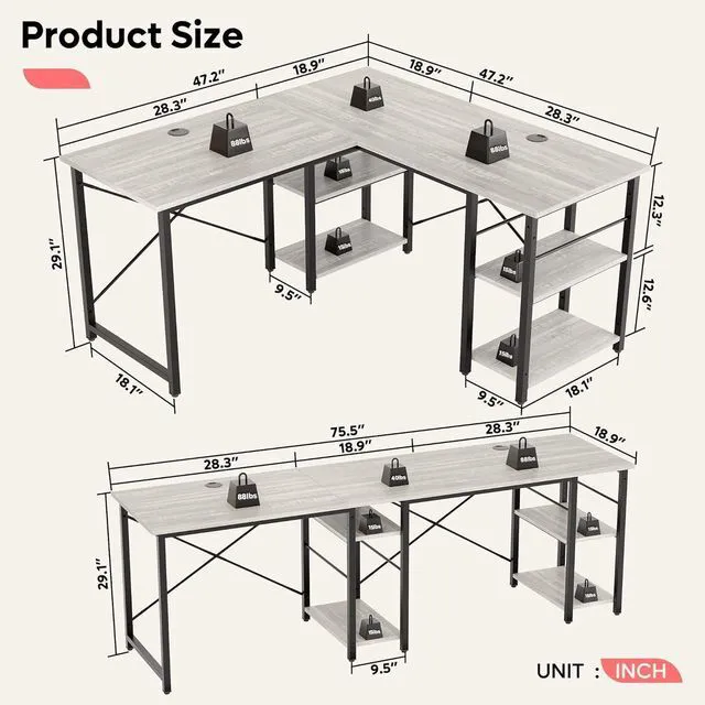Alt view image 3 of 7 - Bestier L Shaped Desk with Shelves 75 Inch Reversible Corner Computer Desk or 2 Person Long Table, Writing Study Desk for Home Office Small Space Bedroom Apartment, Wash White