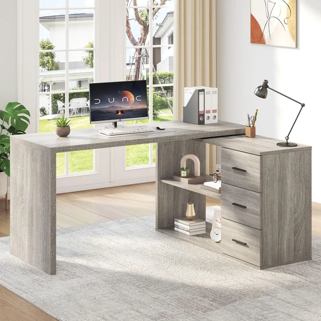 Main image of HSH 55-76 Inch Light Grey L Shaped Desk,Corner Desk with Storage Drawers